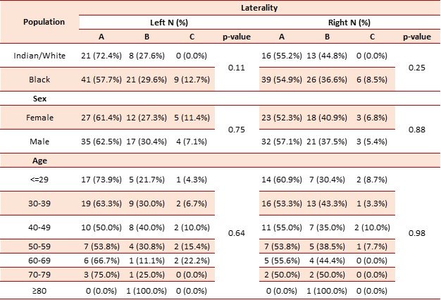 Table 6: The drainage pattern of the sphenoparietal sinus compared to population, sex, age, and laterality.