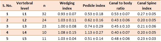 Table 7: Mean values and standard deviations of calculated morphometric indices across human lumbar vertebral levels (L1–L5).