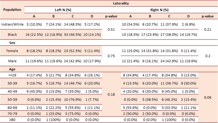 Table 8: The drainage pattern of the superficial middle cerebral vein compared to population, sex, age, and laterality.