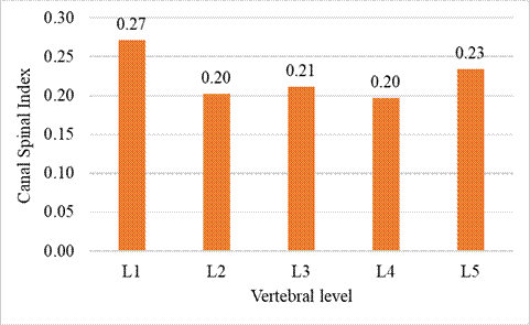 ig. 5: Bar graph showing the mean Canal Spinal Index (CSI) at different lumbar vertebral levels (L1–L5) in dry lumbar vertebrae. The mean CSI was highest at L1 and lowest at L4. Differences among vertebral levels were statistically significant (One-way ANOVA, F = 8.980, p < 0.001*).